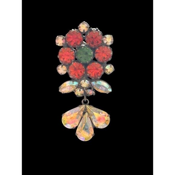 VENDOME Root Beer AB & Green Rhinestone Dangling Vintage Clip Earrings 2" Long - Picture 4 of 9